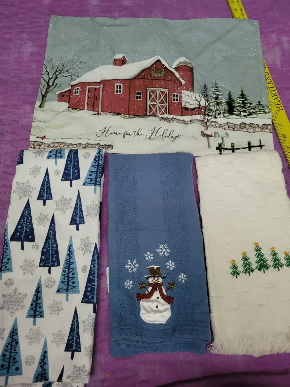 Lot of Christmas Blue WHite Green Tree Snowman Kitchen Towels Bath & Bonus Barn
